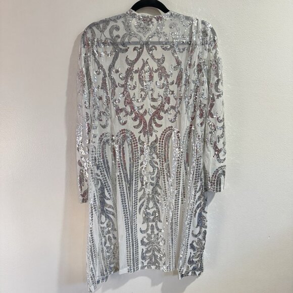Anna Kaci Kimono L Cardigan Duster Silver Sequins Sheer Party Holiday Sexy - Picture 8 of 12